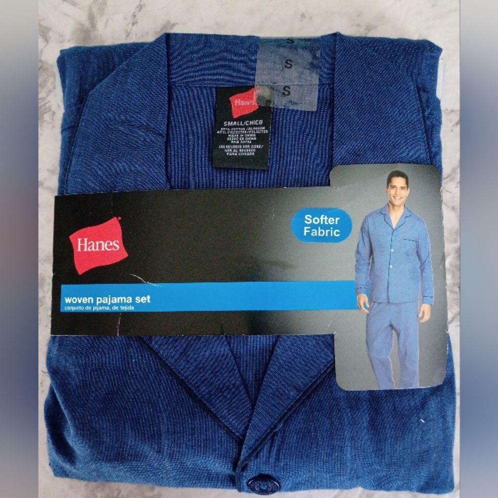 NWT Hanes Blue Woven Pajamas Set Button Down Shirt Pull on Pants Size Small